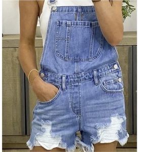 RISEN JEANS Light Wash Distressed Denim Overalls Short Overall Large